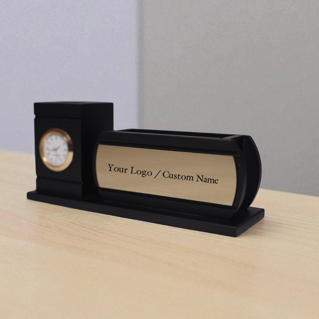 Black Customized Pen Stand with Clock