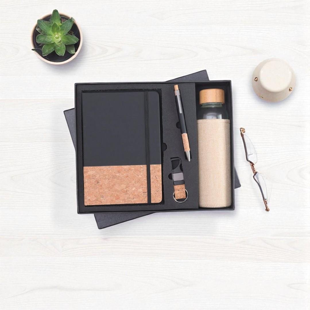 Eco Luxe Cork Gift Set – Pen, Diary, Keychain & Glass Bottle