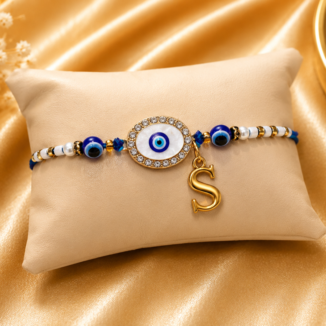 Personalized Evil Eye Rakhi with Initial & Crystal Centerpiece