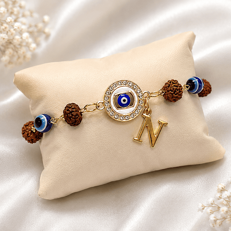 Personalized Rudraksha Evil Eye Rakhi with Initial