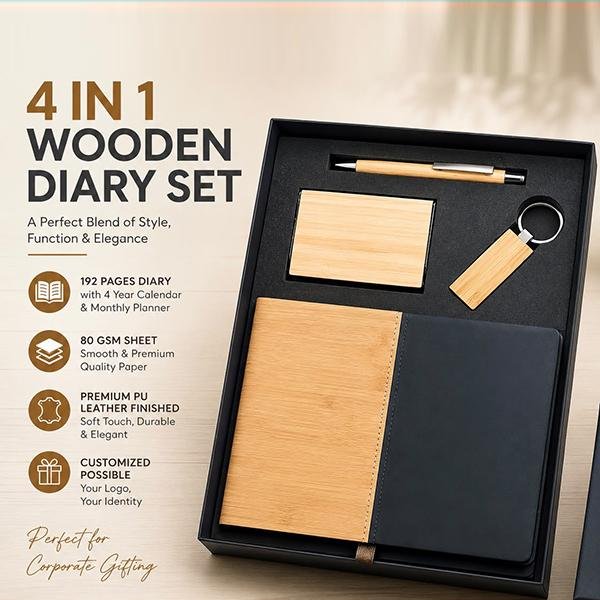 Premium 4-in-1 Wooden Diary & Corporate Gift Set